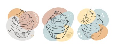 Soyut şekillerin arka planında kremalı el çizimi kekler. Cupcake koleksiyonu. Yemek tatlısı çizimi.