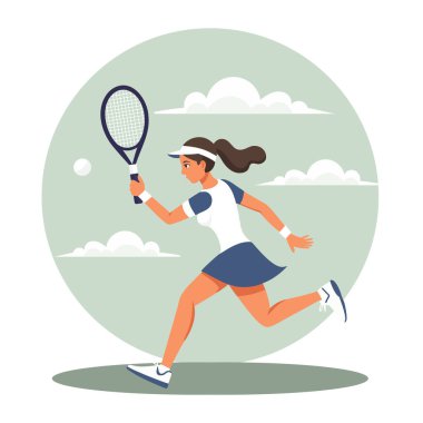 Bayan tenisçi toptan sonra raketle koşar. Tenis oynuyorum. Spor illüstrasyonu.