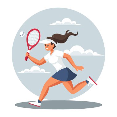 Bayan tenisçi toptan sonra raketle koşar. Tenis oynuyorum. Spor illüstrasyonu.