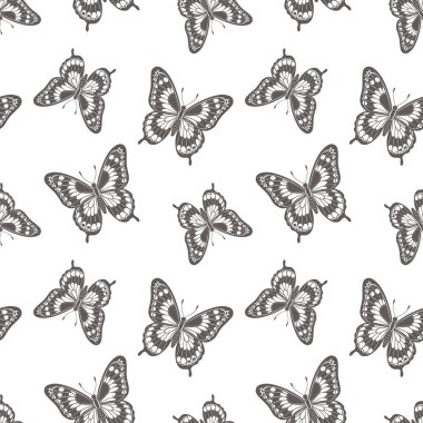 Kusursuz desenli, lüks kelebek siluetleri. Tek renkli böceklerle dolu bir arka plan. Tekstil tasarımı, yazdırma
