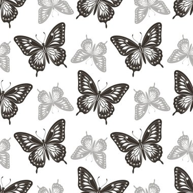 Kusursuz desenli, lüks kelebek siluetleri. Tek renkli böceklerle dolu bir arka plan. Tekstil tasarımı, yazdırma