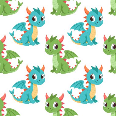Kusursuz desenli, beyaz arka planda sevimli renkli ejderhalar. Şirin çizgi film dinozorları. Tekstil tasarımı, yazdırma
