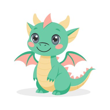 Tatlı çizgi film ejderhası. Yavru ejderha ya da dinazor sevimli karakter. Peri masalı canavarı. Resim, baskı