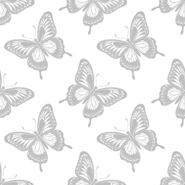 Kusursuz desenli, lüks kelebek siluetleri. Tek renkli böceklerle dolu bir arka plan. Tekstil tasarımı, yazdırma