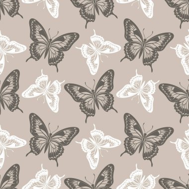 Kusursuz desenli, lüks kelebek siluetleri. Tek renkli böceklerle dolu bir arka plan. Tekstil tasarımı, yazdırma