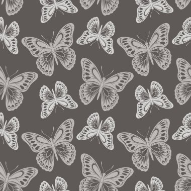 Kusursuz desenli, lüks kelebek siluetleri. Tek renkli böceklerle dolu bir arka plan. Tekstil tasarımı, yazdırma