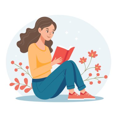 Oturmuş kitap okuyup hayal kuran tatlı bir kız. Elinde kitap olan bir kızın portresi. Eğitim ve eğlence konsepti. Çizim düz biçimli