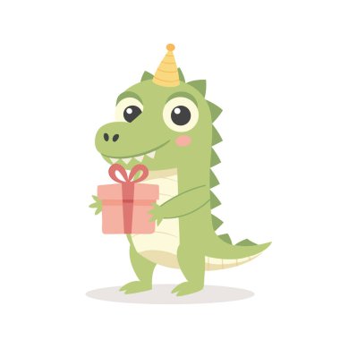 Şirin timsah yavrusu, parti şapkası içinde hediye kutusu olan timsah. Çocuklar için doğum günü tebriği. Resim, kartpostal, kıyafet baskısı.