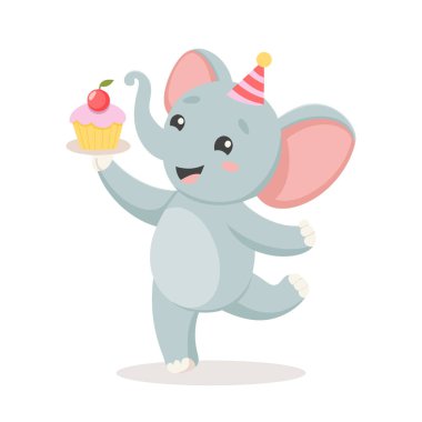 Parti şapkalı şirin bir bebek fil. Çocuklar için doğum günü tebriği. Resim, kartpostal, kıyafet baskısı.