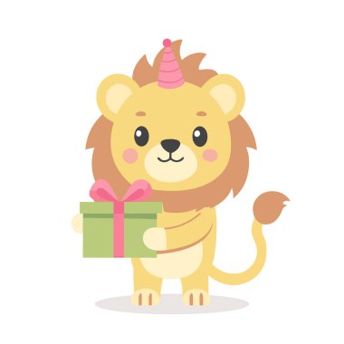 Parti şapkası takan tatlı bir yavru aslan. Mutlu yıllar çocuklar. Çocuklar için illüstrasyon, kart, kıyafet baskısı