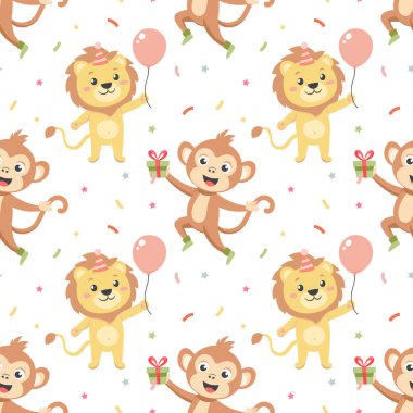 Şenlikli, pürüzsüz desenler, şenlikli şapkalar, hediye kutuları, balonlar ve konfetiler içinde şirin Afrika hayvanları. Doğum günü partisi için arka plan. Paketleme, tekstil