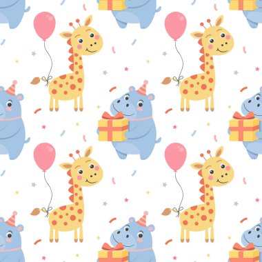 Şenlikli, pürüzsüz desenler, şenlikli şapkalar, hediye kutuları, balonlar ve konfetiler içinde şirin Afrika hayvanları. Doğum günü partisi için arka plan. Paketleme, tekstil