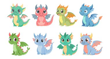 Bir dizi şirin çizgi film bebek ejderhaları. Küçük ejderhalar ya da sevimli dinozor karakterleri. Peri masalı canavarları. Çıkartmalar, simgeler, yazdırma
