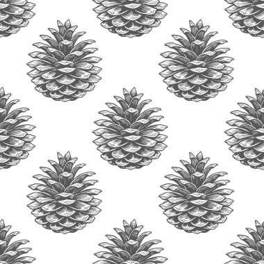 Kusursuz desen, beyaz arka planda çam kozalakları çizilmiş. Arka planda koni siluetleri. Tekstil ve duvar kâğıtları için tasarım