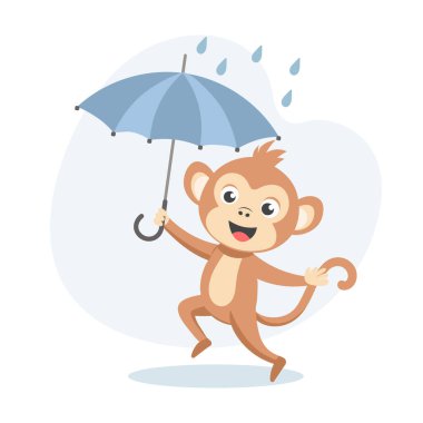 Yağmurda şemsiyesi olan şirin bir bebek maymun. Sonbahar çocukları için illüstrasyon, baskı, kart
