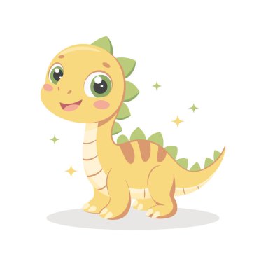 Beyaz arka planda şirin bir bebek dinozor. Tebrik kartları, davetiyeler, kıyafet baskısı için tasarım. Düz biçim illüstrasyonu