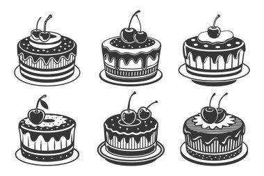 Kirazlı, kabartmalı, siluetli el yapımı kekler. Siyah beyaz illüstrasyon, simgeler