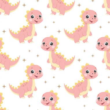 Şirin dinazorlar pürüzsüz kalıplar. Dinozorlar ve tropikal yapraklarla dolu bir arka plan. Bebek kıyafetleri, gömlekler, kumaşlar, tekstil için İskandinav tasarımı.