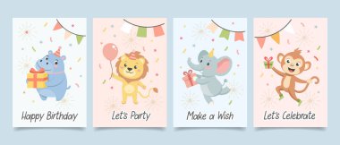 Çocuklar için tebrik kartı seti. Hediye kutulu, pastalı, parti şapkalı ve balonlu doğum günü partisi hayvanları. Resimler, şablonlar, kartpostal koleksiyonu