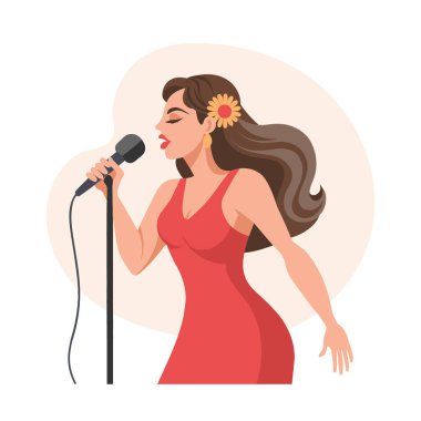 Mikrofonlu genç ve güzel bir kadın. Düz illüstrasyon, klip sanatı