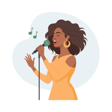 Mikrofonlu genç ve güzel bir kadın. Düz illüstrasyon, klip sanatı