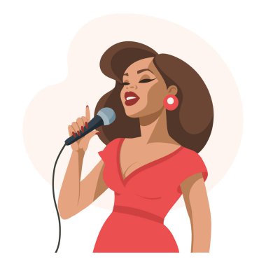 Mikrofonlu genç ve güzel bir kadın. Düz illüstrasyon, klip sanatı