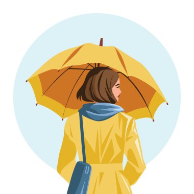 Şemsiye altındaki kadın. Sonbahar ya da bahar mevsimi. Düz biçim illüstrasyonu