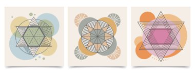 İçinde pastel renklerde mistik semboller olan soyut vintage posterler. Geçmişe dönük koleksiyon. Görüntü