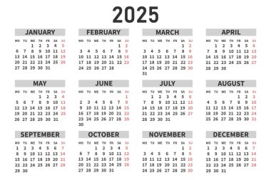 Klasik yatay takvim 2025 İngilizce. Günler, haftalar ve aylar. Yazdır, vektör