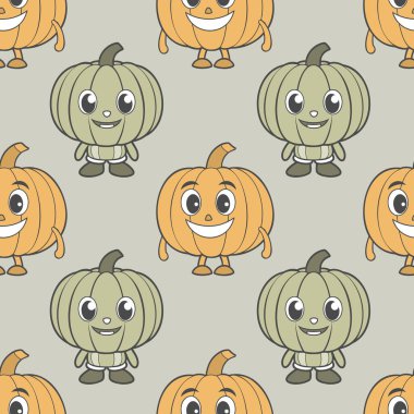 Kusursuz desen, pastel sonbahar renklerinde sevimli balkabağı karakterleri. Çocuk geçmişi. Görüntü