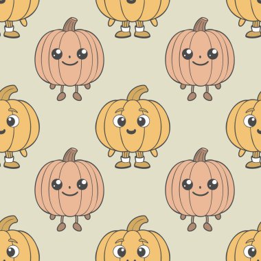 Kusursuz desen, pastel sonbahar renklerinde sevimli balkabağı karakterleri. Çocuk geçmişi. Görüntü