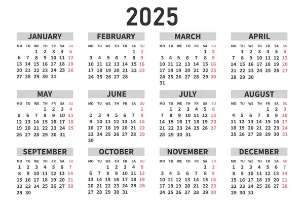 Klasik yatay takvim 2025 İngilizce. Günler, haftalar ve aylar. Yazdır, vektör