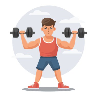 Dambılı genç adam. Sporcu eğitimi. Sağlıklı bir yaşam tarzı. Fiziksel aktivite konsepti. Düz biçim illüstrasyonu