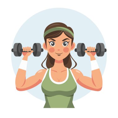 Dambılı genç bir kadın. Sporcu kadın eğitimi. Sağlıklı bir yaşam tarzı. Fiziksel aktivite konsepti. Düz biçim illüstrasyonu