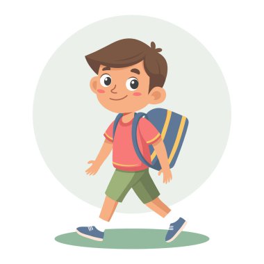 Okula sırt çantalı tatlı bir okul çocuğu gidiyor. Gözbebeği karakteri. Düz biçim illüstrasyonu