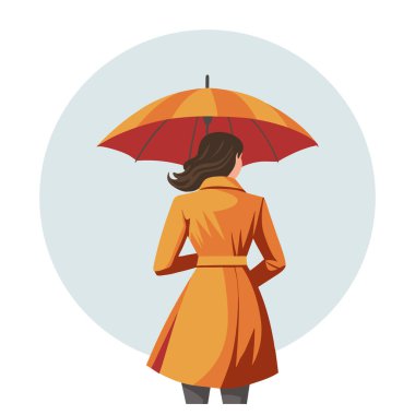 Yağmurda şemsiyeli bir kadın. Sonbahar ya da bahar mevsimi. Düz biçim illüstrasyonu