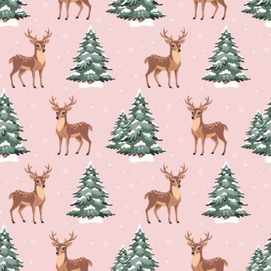 Kışın ormandaki vahşi geyik, kusursuz desenli. Kış sahnesi. Ren geyiği ve kardaki köknar ağaçları. Vahşi yaşam illüstrasyonu