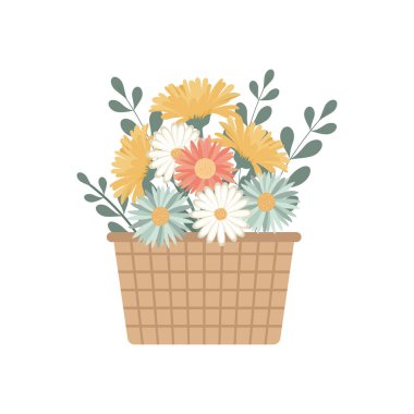 Bahar çiçekleriyle dolu bir sepet. Pastel renkler. Tebrik kartı, şirin illüstrasyon.