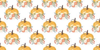 Balkabağı ve çiçek kompozisyonlarının kusursuz deseni. Şükran Günü tebrikleri. Düz biçim illüstrasyonu.