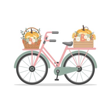 Kutu ve sepette balkabakları ve çiçekleri olan eski bir bisiklet. Şükran Günü tebrik kartı. Düz biçim illüstrasyonu.