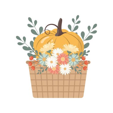 Hasır sepetinde çiçekli balkabağının tatlı sonbahar kompozisyonu. Pastel renkler. Tebrik kartı, şirin illüstrasyon.