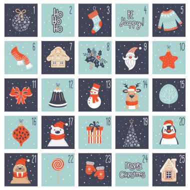 Noel Baba, Kardan Adam, şekerler, hediyeler, Noel ağacı ile Noel takvimi. Geri sayım tatil takvimi. Aralık şenlikli etkinliklerle çıkar. Görüntü