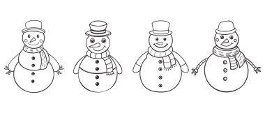 Bir çift el çizimi şirin kardan adamlar. Çocuk boyama kitabı için tasarım. Görüntü