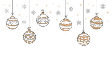 Noel baloları ve kar taneleri asmak, tebrik kartı şablonu ana hatlarıyla. En az yeni yıl illüstrasyonu.
