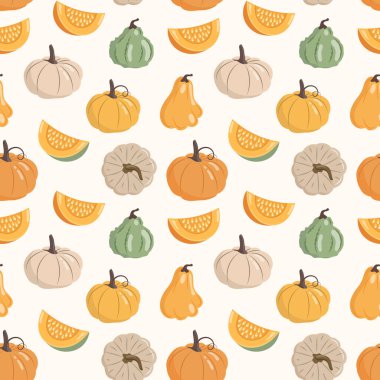 Balkabağı ve balkabağı parçalarıyla kusursuz desen. Şükran Günü arka planı, sonbahar hasat illüstrasyonu