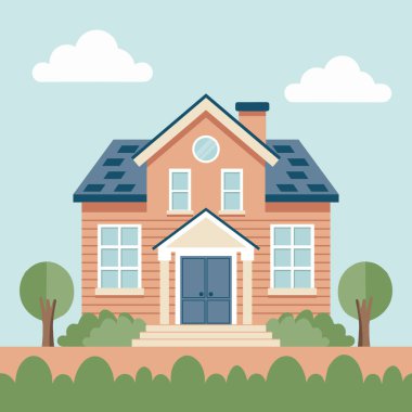 Yeşil ağaçların ve çalıların arasında rahat bir kır evi. Kırsal alanda rahat bir kır evi. Düz biçim illüstrasyonu