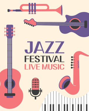 Gitar, saksafon, trompet ve piyano tuşlarıyla müzik festivali için caz poster şablonu. Olay ilanı tasarımı. Eski tarz illüstrasyon