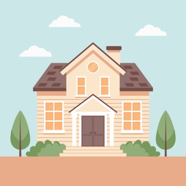 Yeşil ağaçların ve çalıların arasında rahat bir kır evi. Kırsal alanda rahat bir kır evi. Düz biçim illüstrasyonu