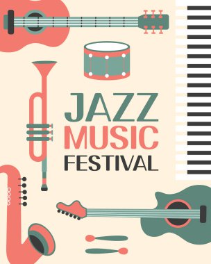 Gitar, saksafon, trompet ve piyano tuşlarıyla müzik festivali için caz poster şablonu. Olay ilanı tasarımı. Eski tarz illüstrasyon