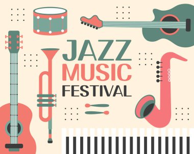 Gitar, saksafon, trompet ve piyano tuşlarıyla müzik festivali için caz poster şablonu. Olay ilanı tasarımı. Eski tarz illüstrasyon